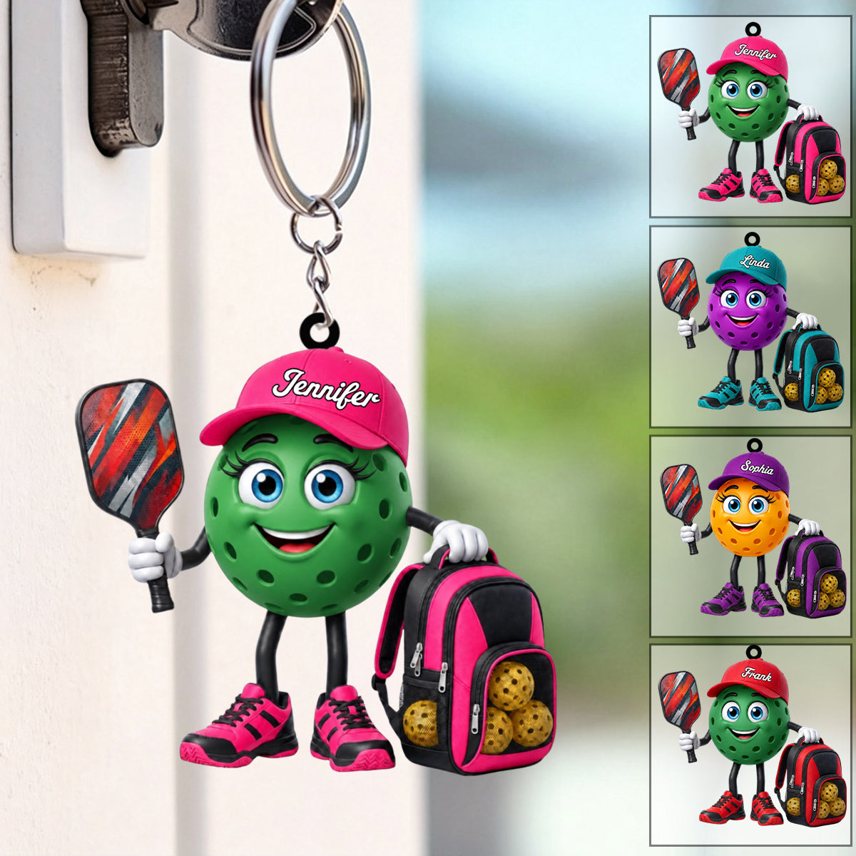Holding Pickleball Paddle Keychain - Personalized Pickleball Mascot Keychain Gift for Male & Female Pickleball Player