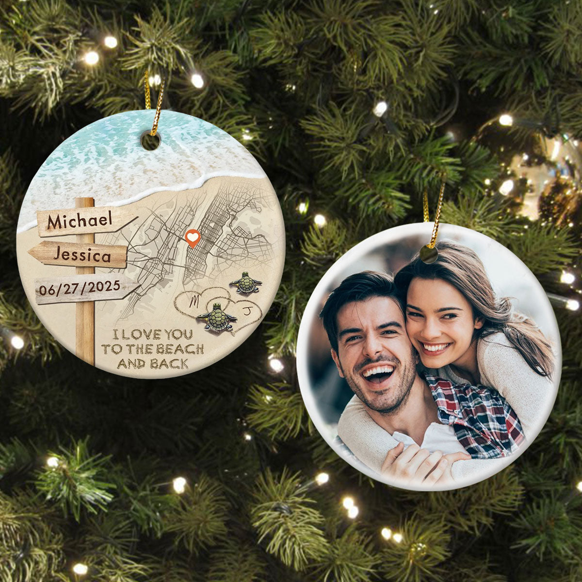 Personalized Couple Turtle City Map Ceramic Ornament - Custom Map & Photo Gift