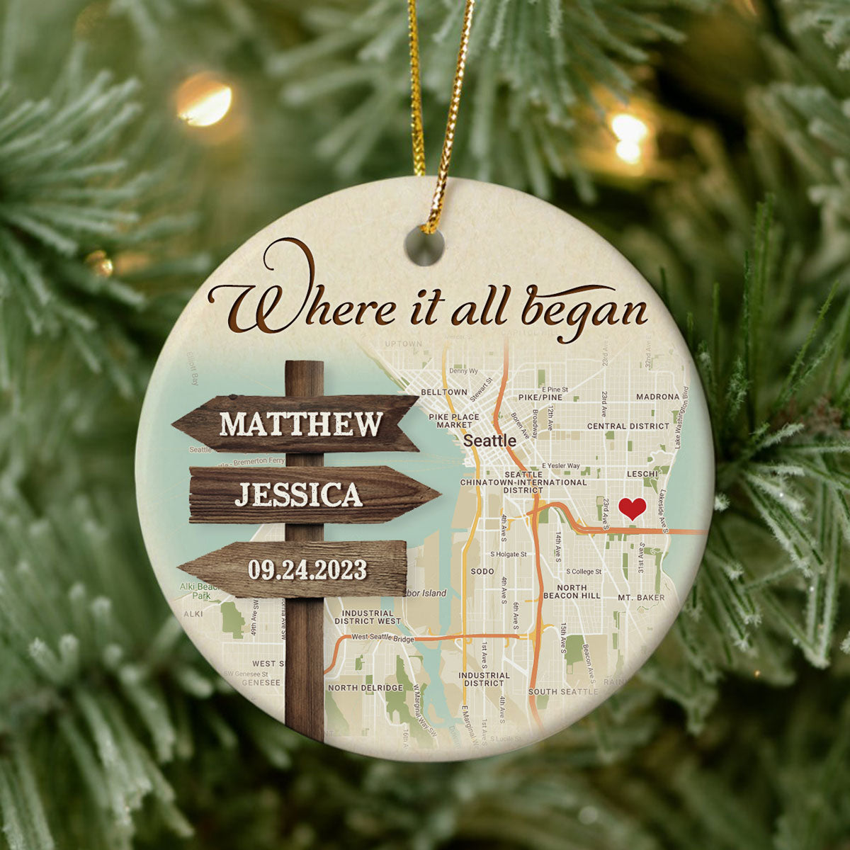 Personalized Signpost Location Map Engagement Ornament - Anniversary Gift For Couples