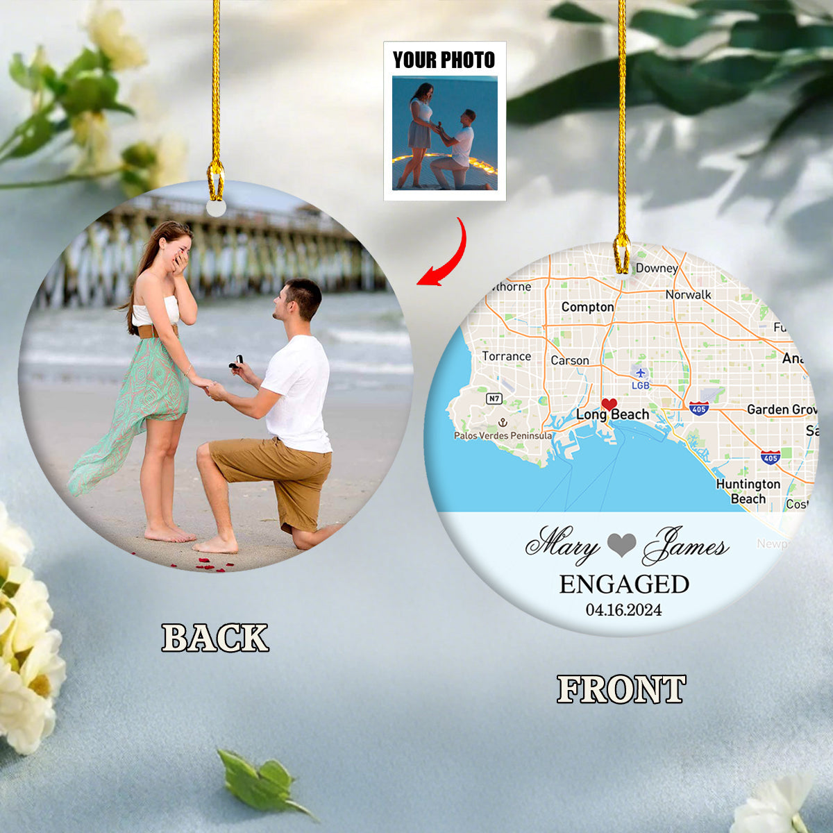 Engagement Ornament - Custom Map & Photo Gift Ceramic Ornament