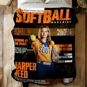 Personalized Softball Magazine Cover Blanket, Custom Sport Magazine Cover, Softball Player Gift