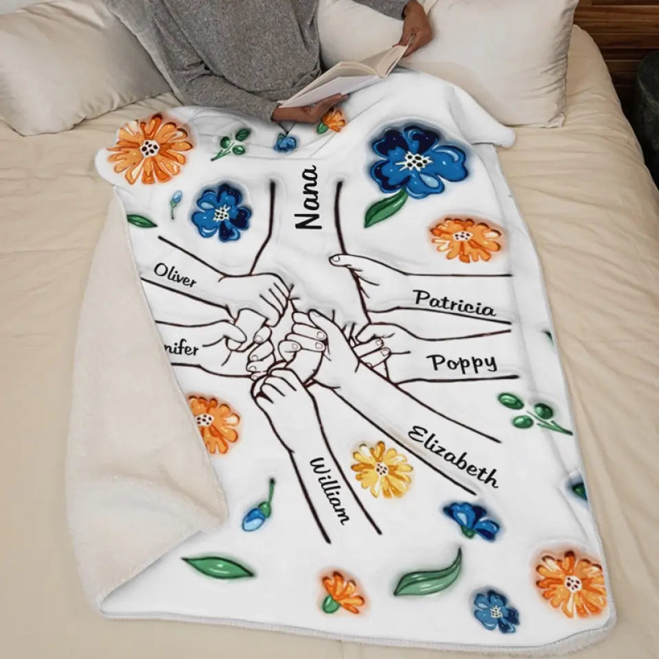Personalized Hand in Hand Flower Blanket Gift For Mom, Grandma