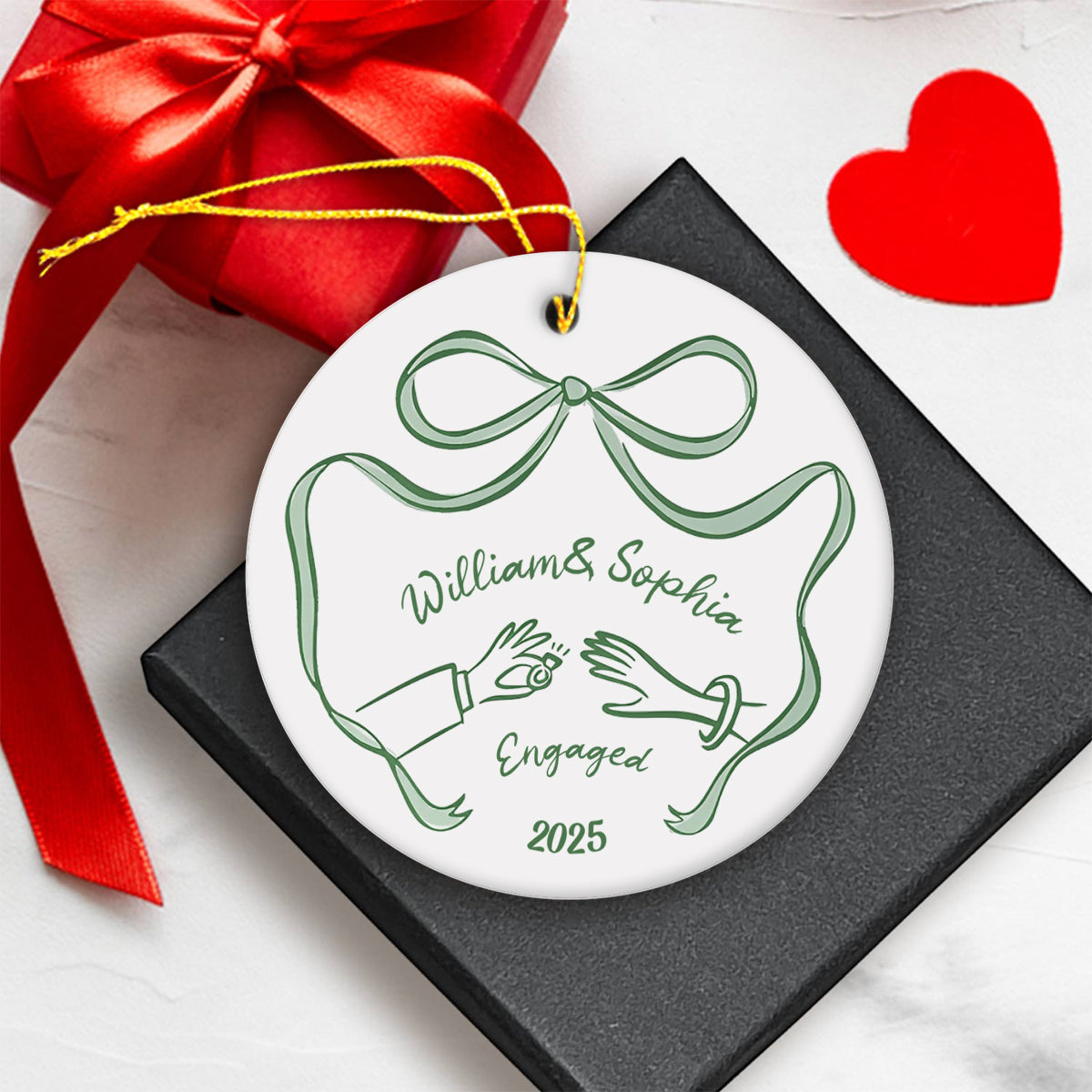 First Christmas Engaged Ceramic Ornament, Personalized Engagement Gift for Couples