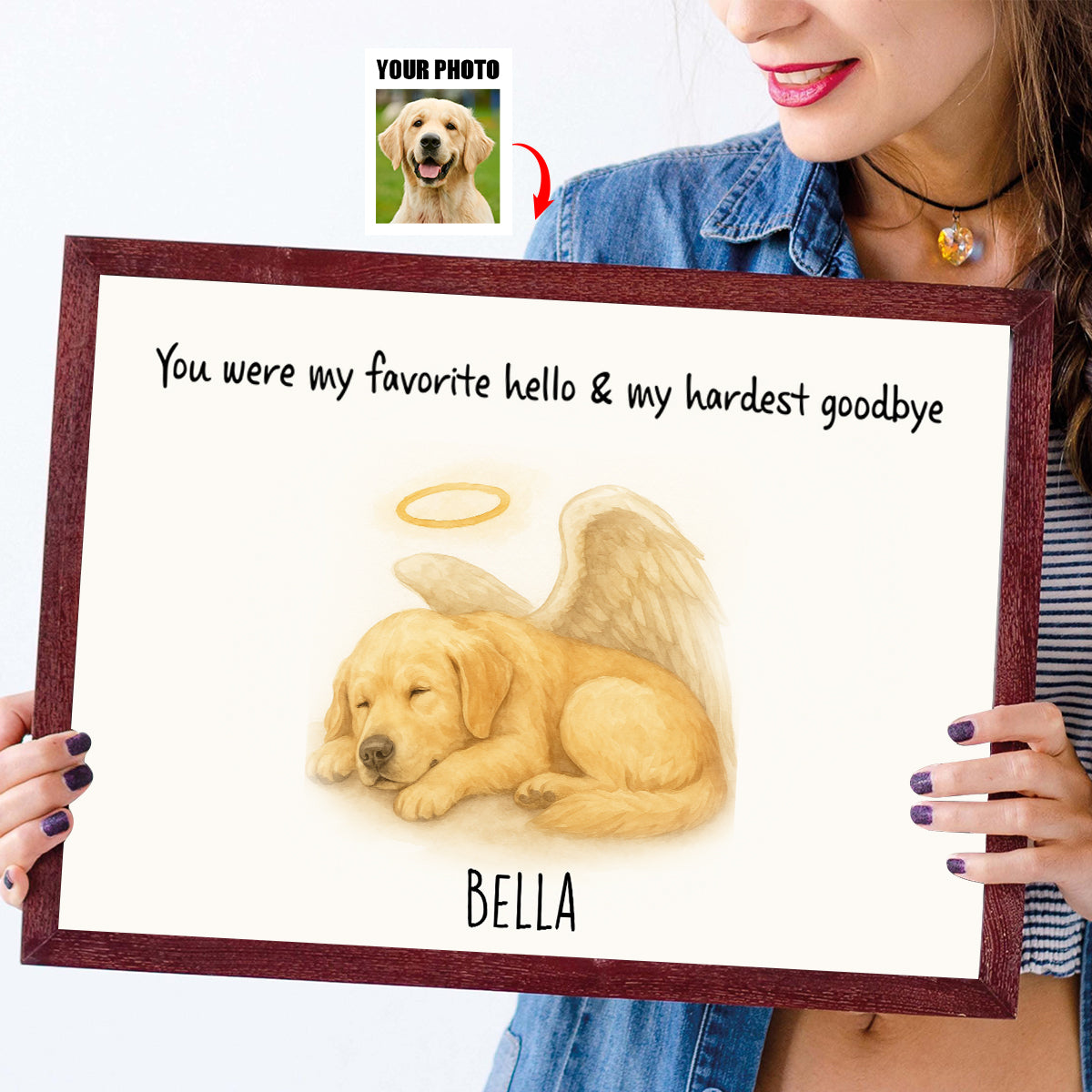 Custom Memorial Pet Angel Wings Drawing, Photo Personalized Poster, Sympathy Gift for Dog Cat Lovers