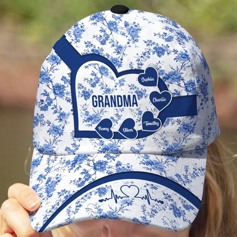 Blue Heart Floral Chinoiserie Patterned Personalized Cap, Mother's Day gift for Mom, Grandma