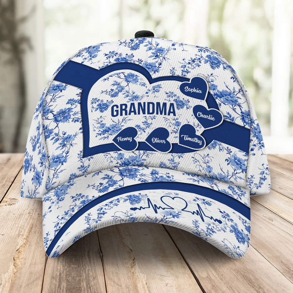 Blue Heart Floral Chinoiserie Patterned Personalized Cap, Mother's Day gift for Mom, Grandma
