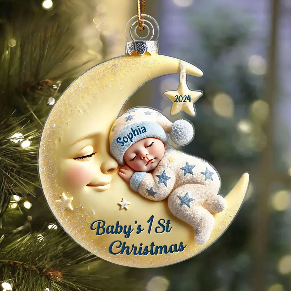 Baby On Moon First Christmas Keepsake Personalized Acrylic Ornament