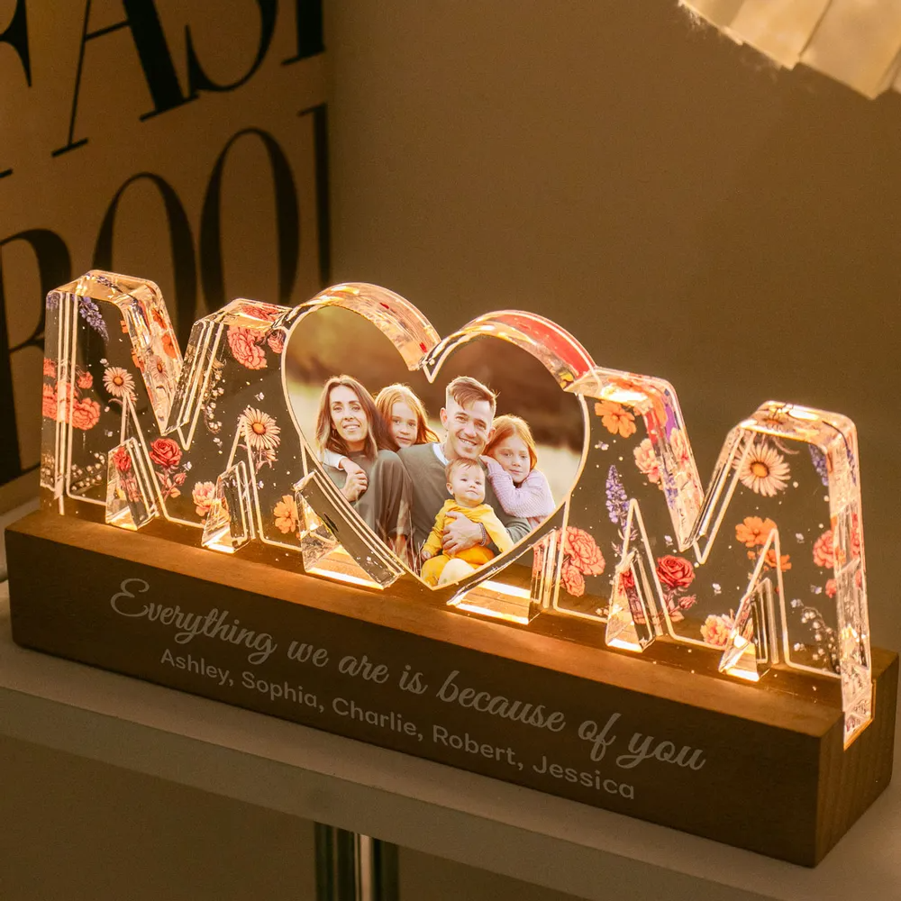 Birth Month Flower Photo Upload Personalized Led Night Light, Mother's Day Gift