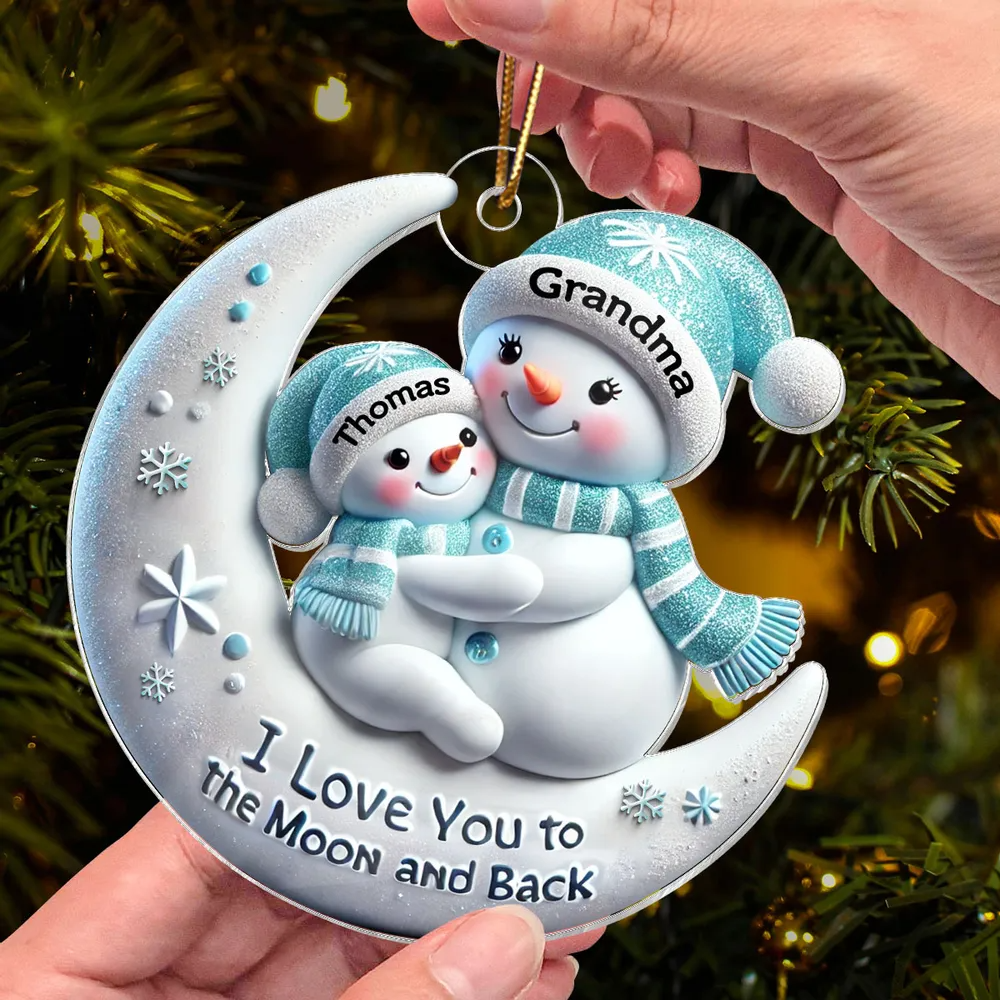 Snowman Grandma & Hugging Grandkid On The Moon Personalized Acrylic Ornament