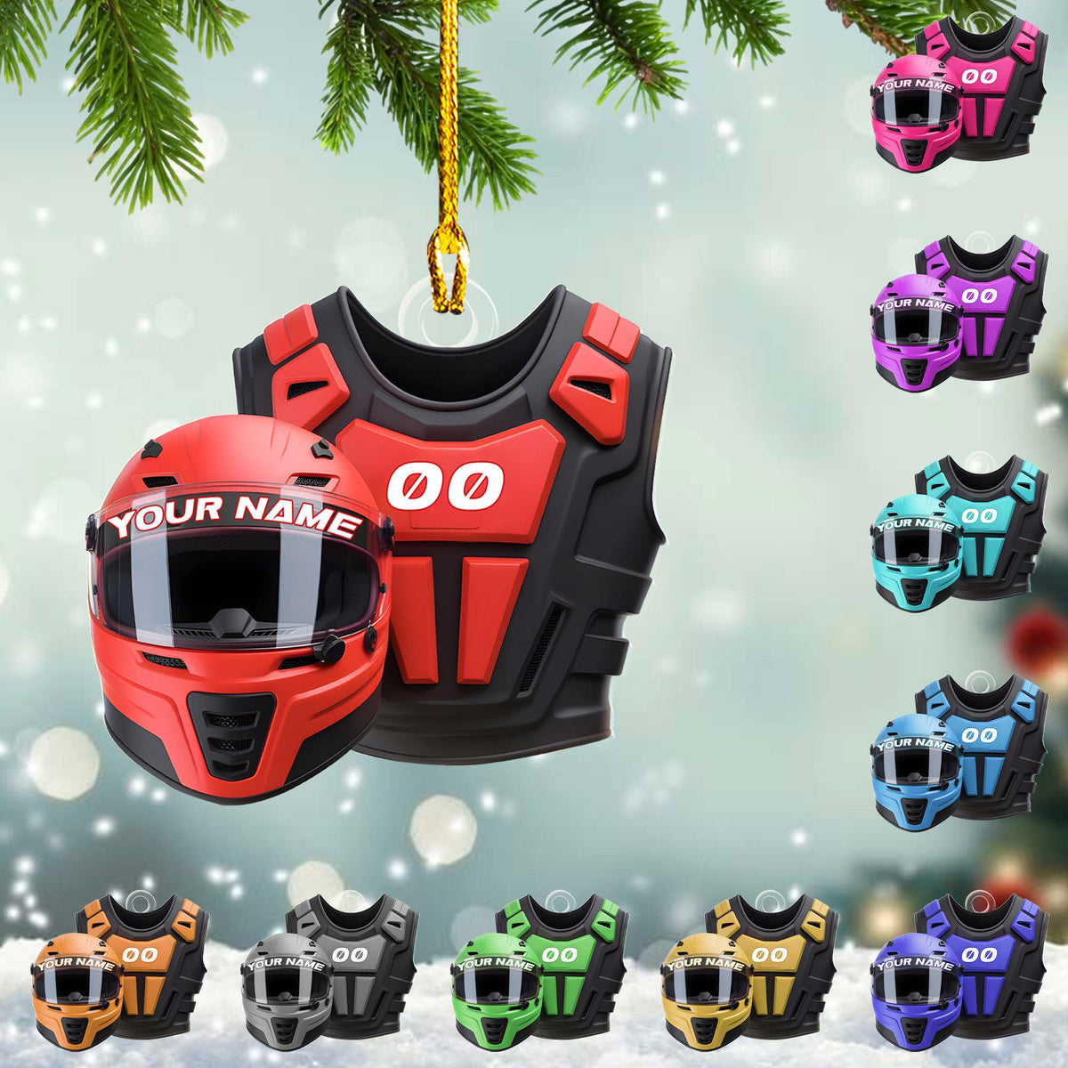 Custom Name Dirt Bike Helmet and Vest Personalized Motocross Christmas Ornament