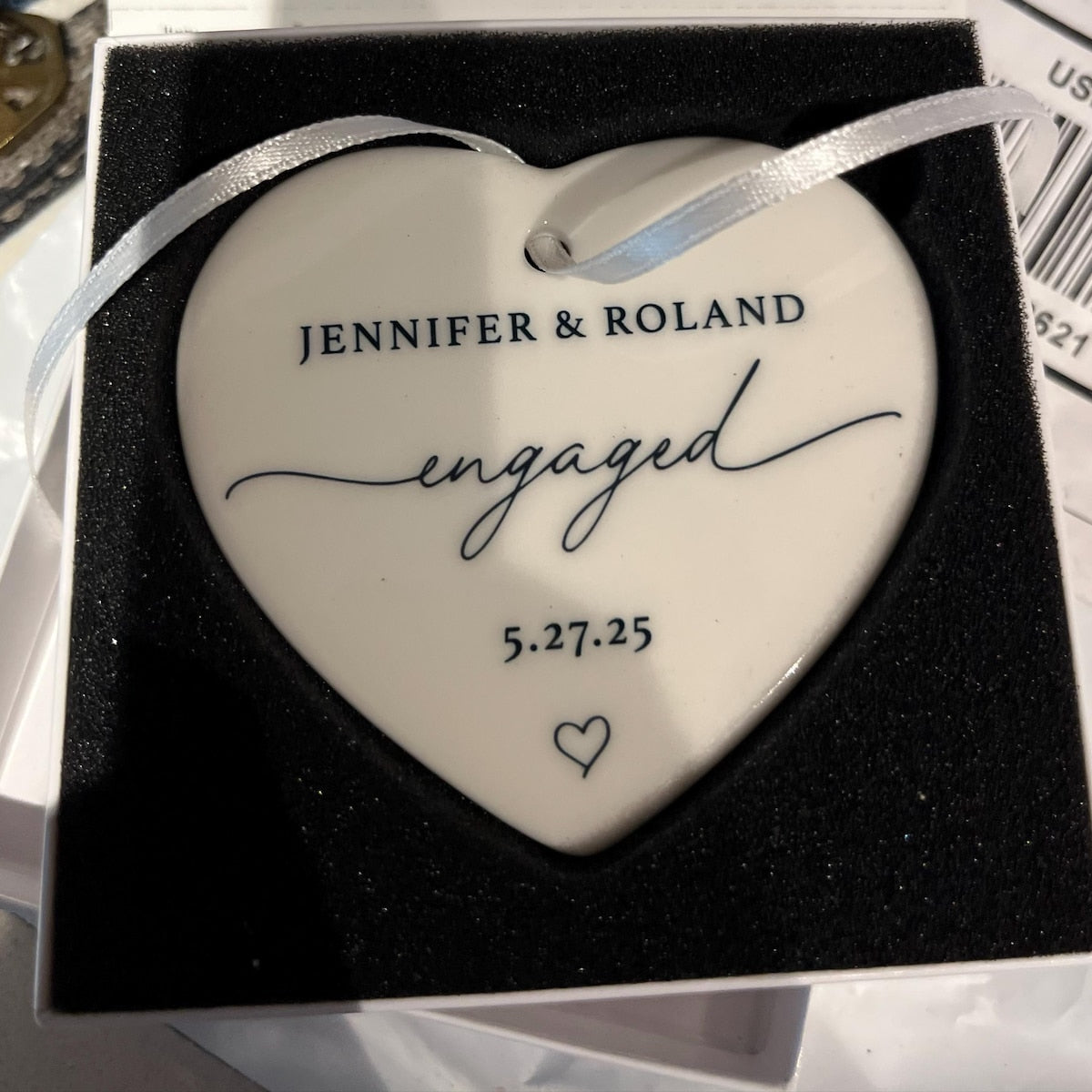 Personalized Engagement Heart-shaped Ceramic Ornament with Names & Date