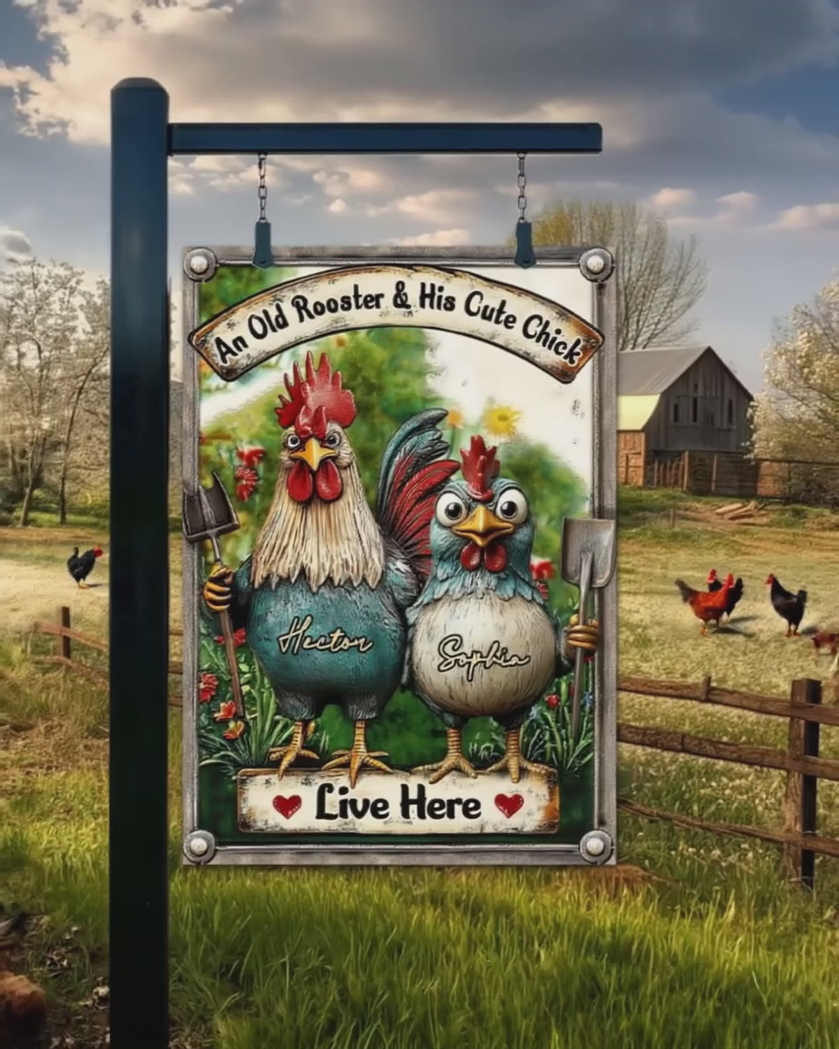 An Old Rooster & His Cute Chick Live Here - Personalized Metal Sign