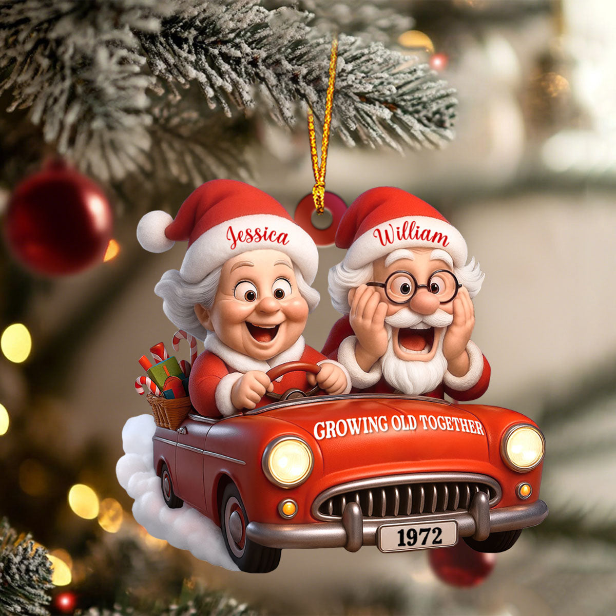 Growing Old Together With Santa Claus In Vintage Car,Custom Acrylic Ornament,Gift For Couples And Grandparents