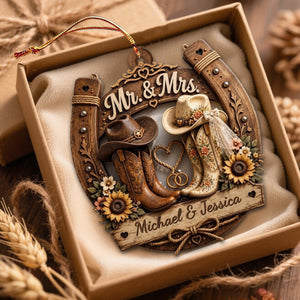 Mr. & Mrs. Personalized Wooden Ornament, Custom Gift For Couples and Cowboys