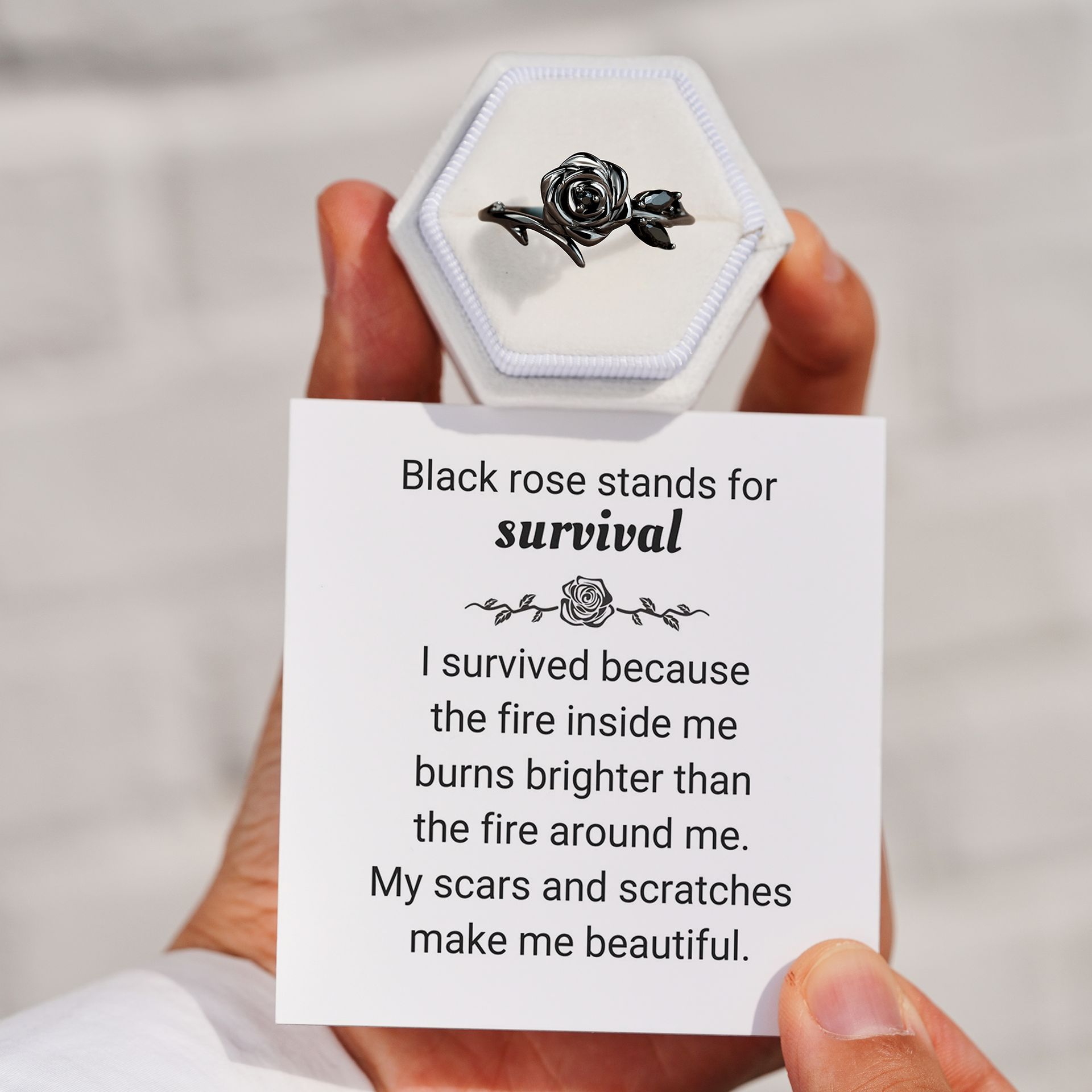 Burned and Survived Black Rose Self-Love Ring