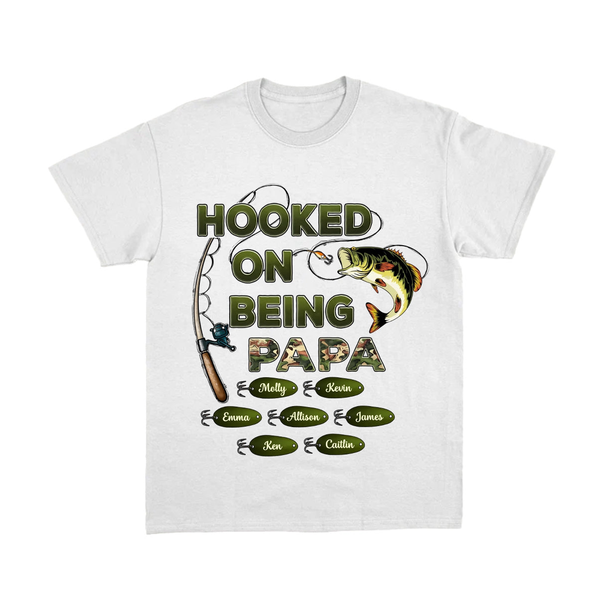 Personalized Hooked On Being Dad/Grandpa Fishing Camouflage Pure Cotton T-Shirt