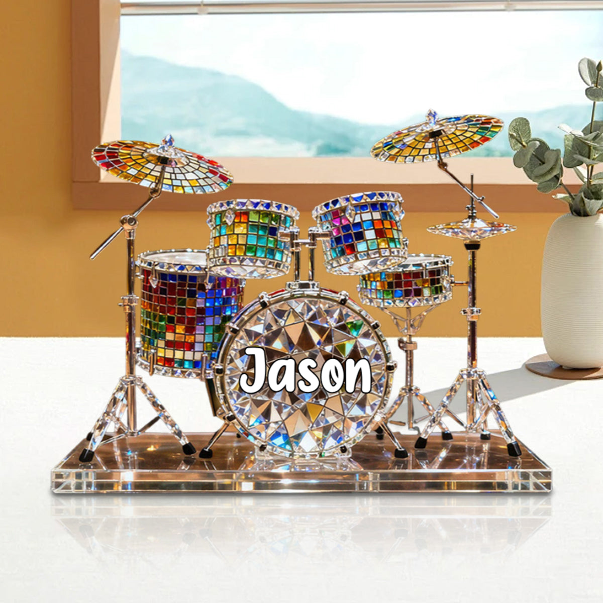 Drum Set Custom Name Stained Glass Effect Acrylic Plaque, Presents For Drummers