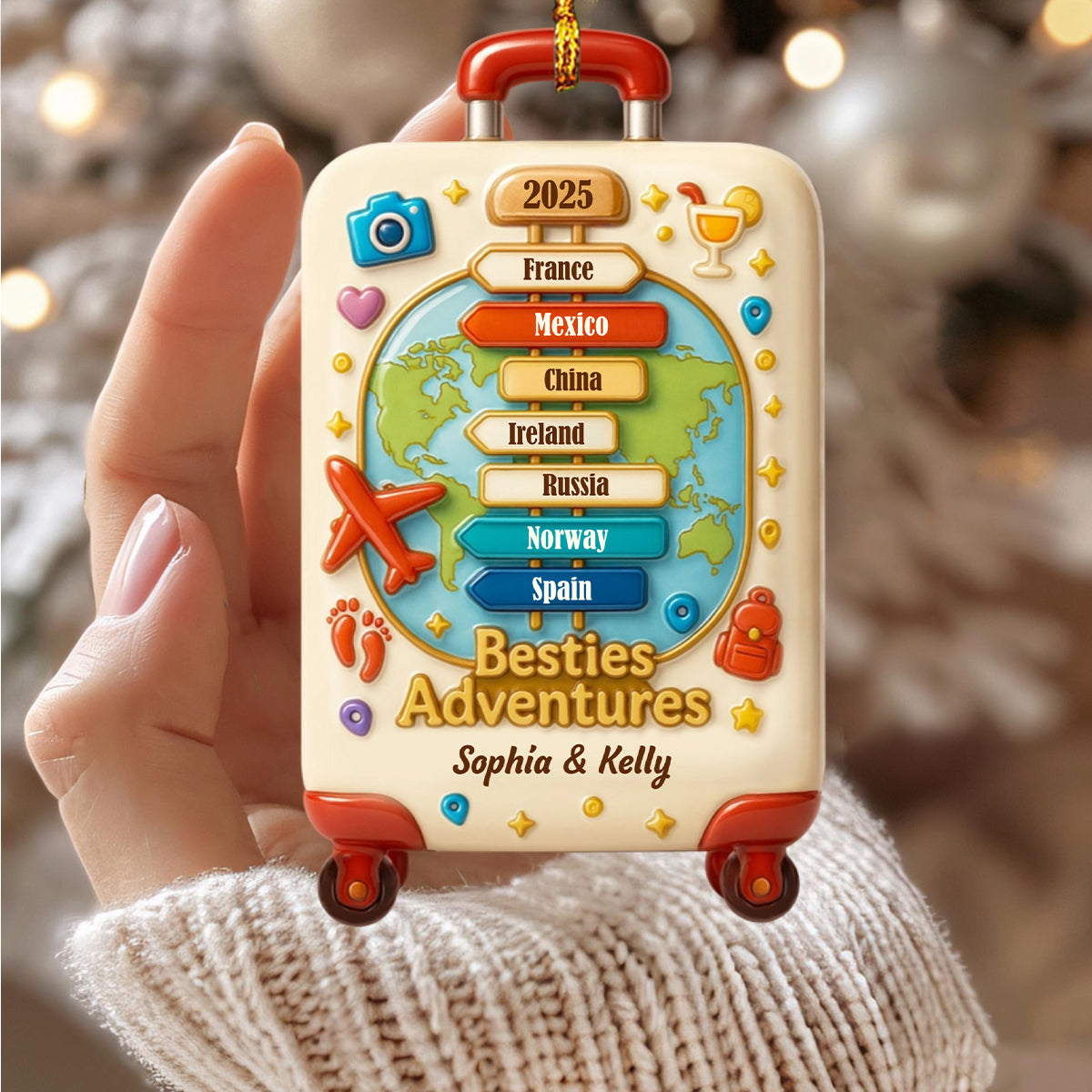 Besties Explore The World, World Map Luggage Ornament, Personalized World Ornament Gift For Best Friends