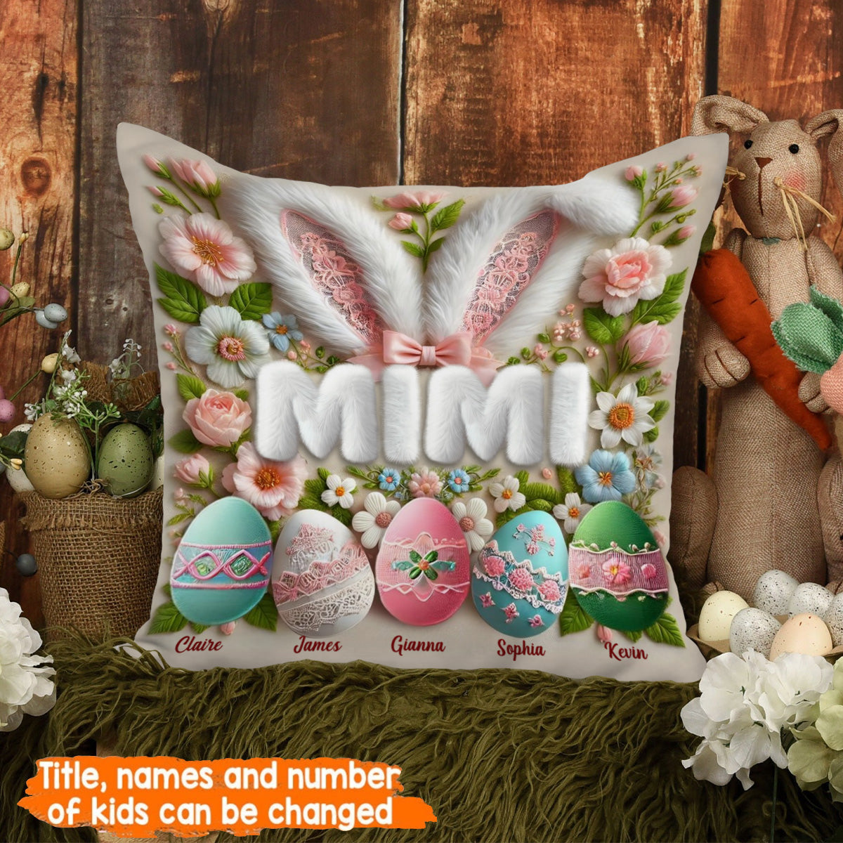 Personalized Easter Bunny Grandma Pillow - Custom Name Throw Pillow Gift for Grandma, Mother's Day
