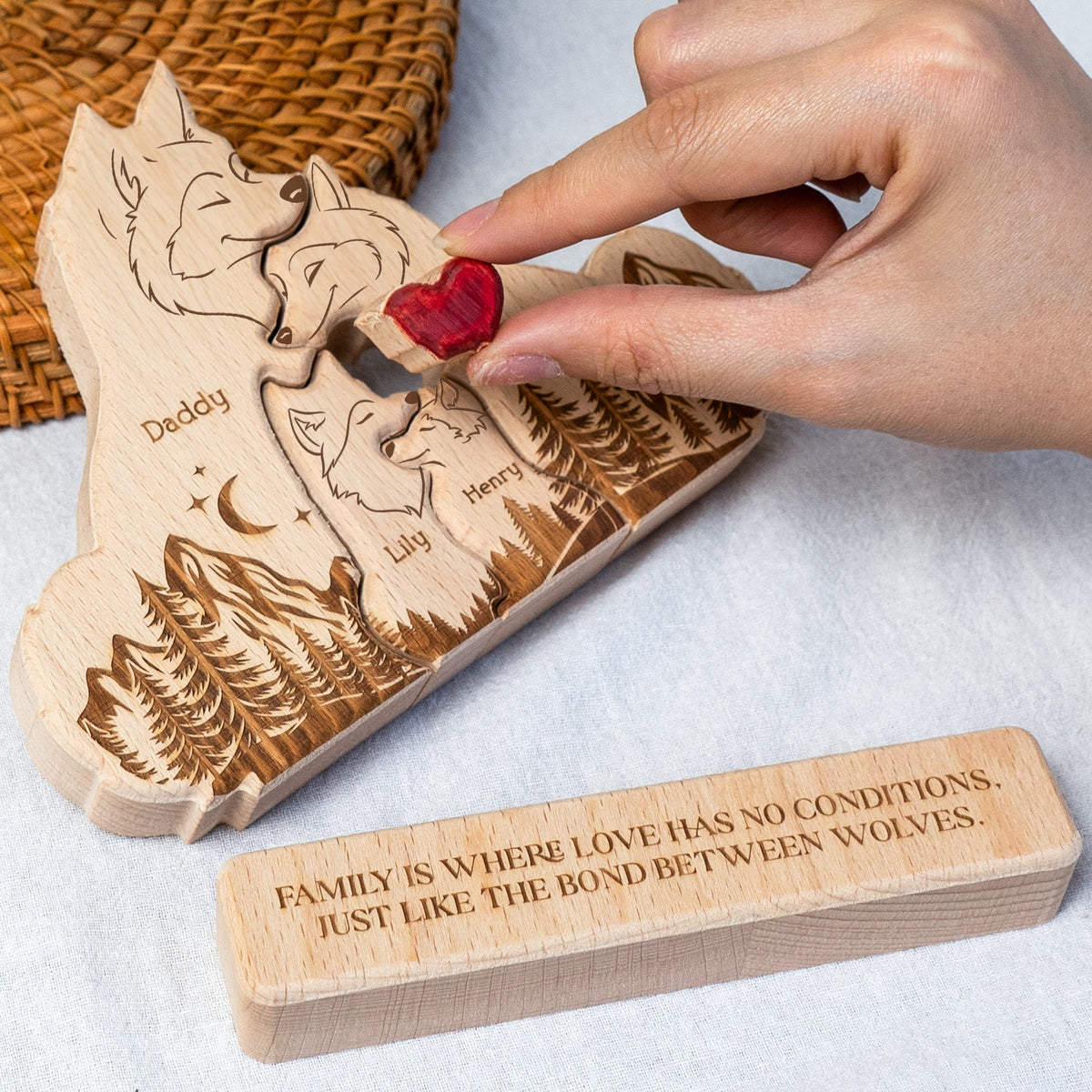 Wooden Wolf Family With Names - Personalized Wooden Puzzle Gift For Family Members