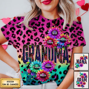 Sunflowers Glitter Leopard Nana Grandma Mom Personalized 3D T-shirt