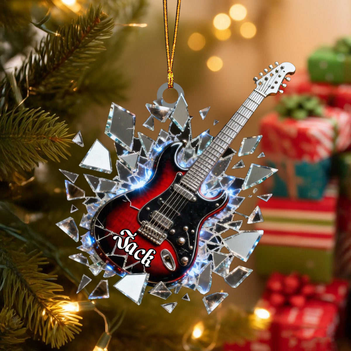 Shattered-Mirror Mini Electric Guitar Custom Name Stained Glass Effect Acrylic Christmas Ornament, Guitarist Gift