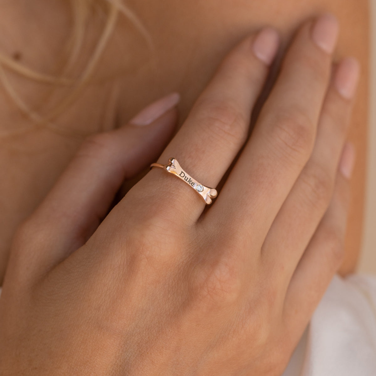 Personalized Dog Bone Charm Ring Pet Name Memorial Ring with Dainty Gemstone