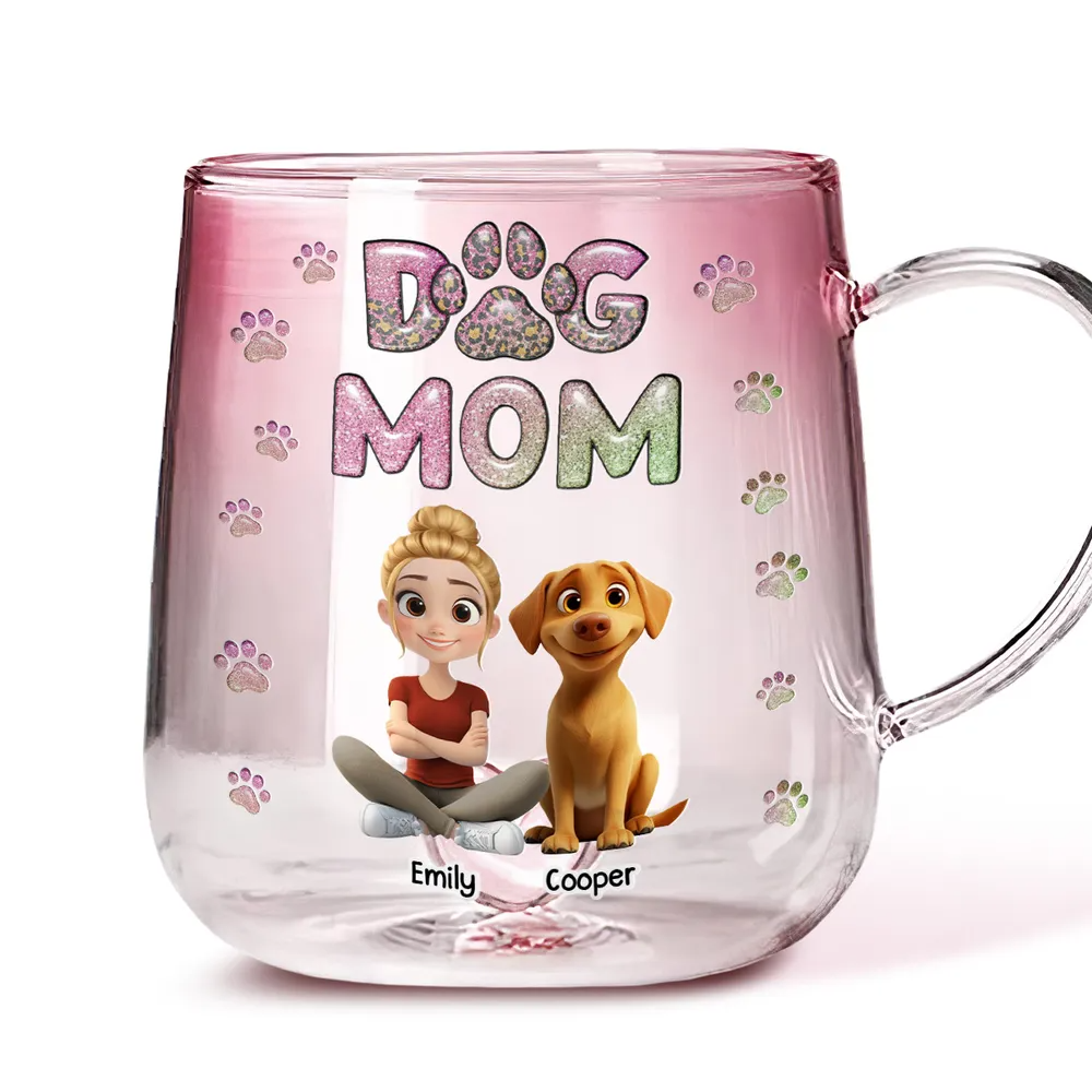 Dog Mom Lovely Cartoon - Personalized Custom Pink Gradient Glass Mug