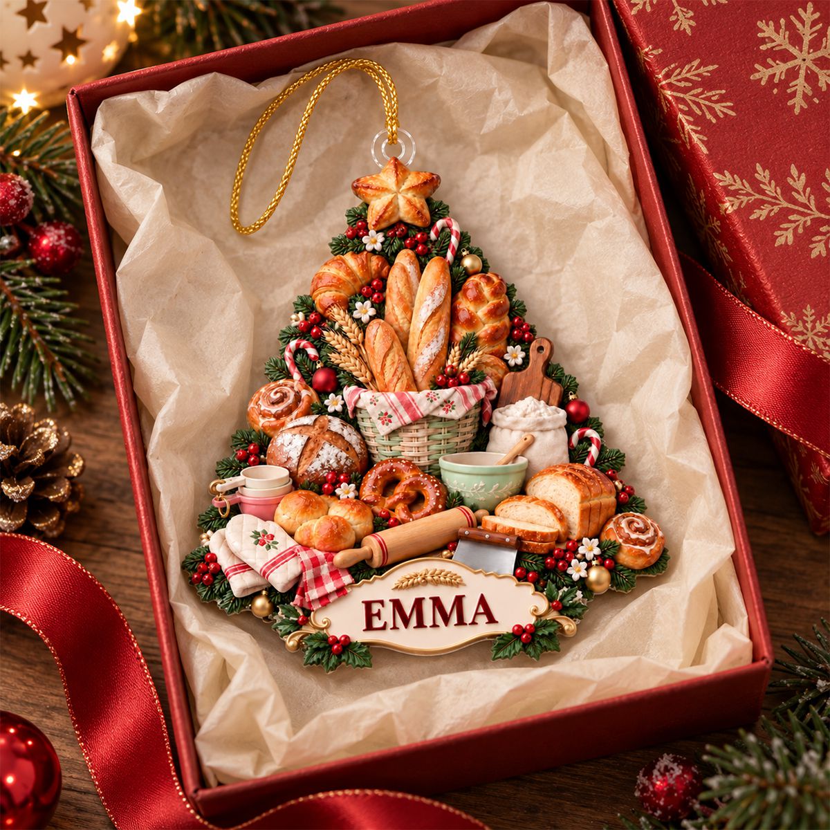Personalized Bakery Christmas Ornament, Custom Name French Bread Tree Keepsake, Bakery Owner Gift, Gift For Bread Lover