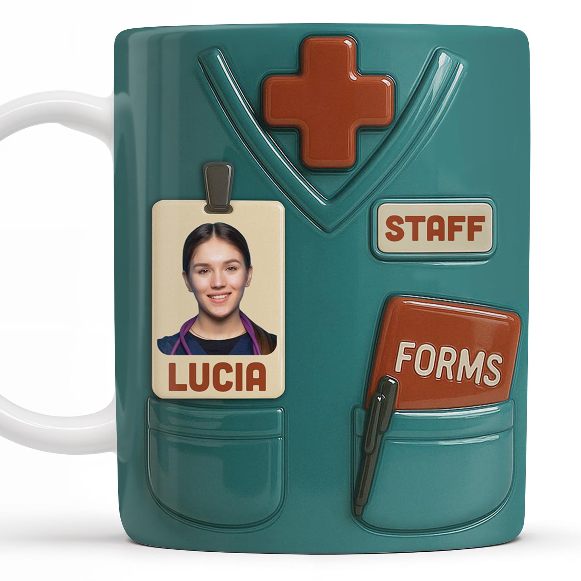 Celebrate Your Favorite Nurse, Medical Scrubs and ID Badge, Personalized Custom Coffee Mug