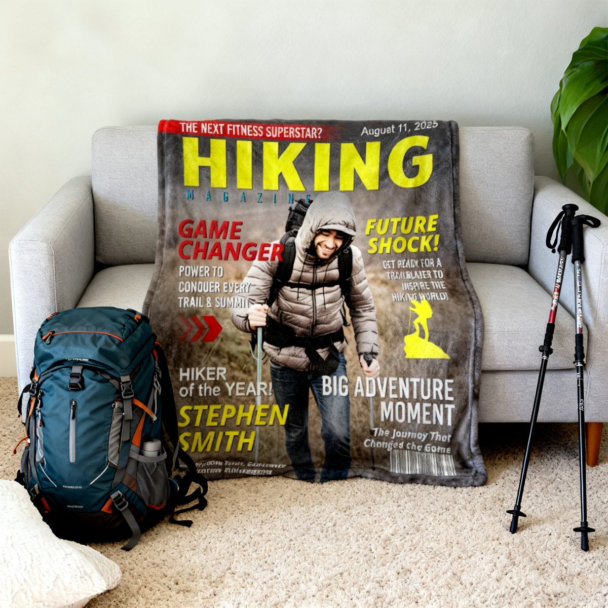Personalized Hiking Magazine Cover Blanket Gift for Hiker, Adventure Lover Gift, Custom Outdoor Magazine Cover