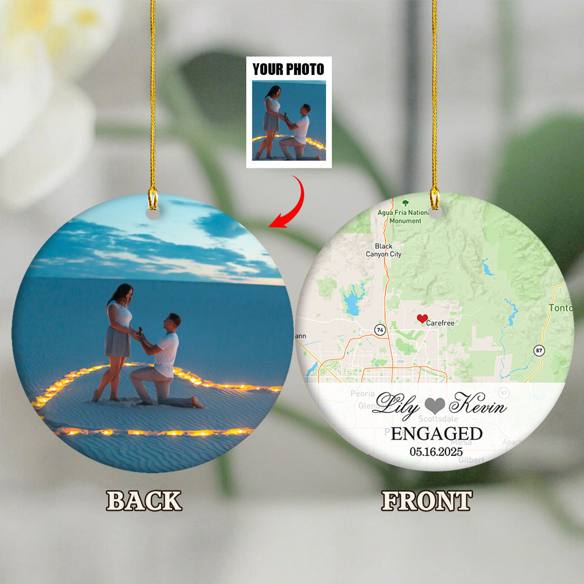 Engagement Ornament - Custom Map & Photo Gift Ceramic Ornament
