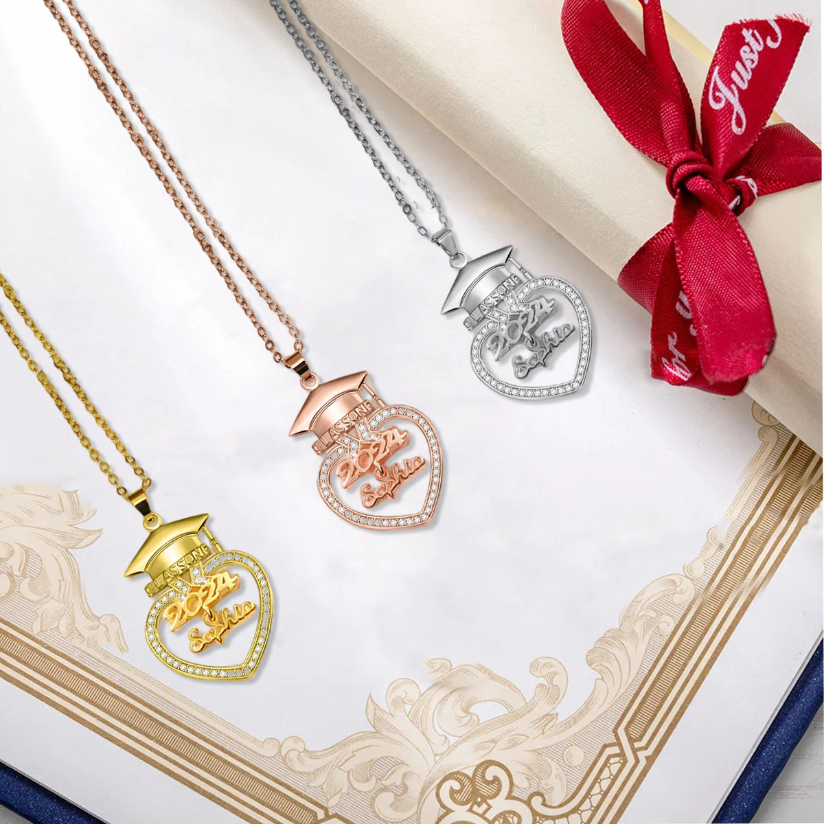 Personalised Graduation Cap Heart Necklace with Name Class of 2024 Graduation