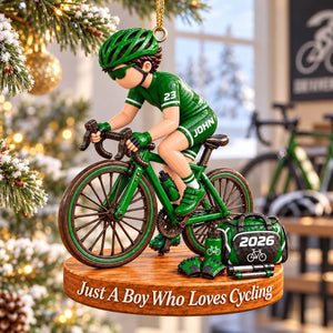 Just A Boy Who Loves Cycling – Personalized Christmas Ornament | Custom Name & Number Keepsake Gift For Cyclists & Bike Lovers