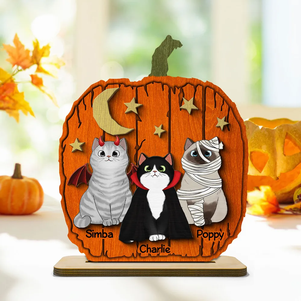 Halloween Cat Pumpkin Personalized 2-Layered Standing Wooden Plaque Gift For Cat Lover