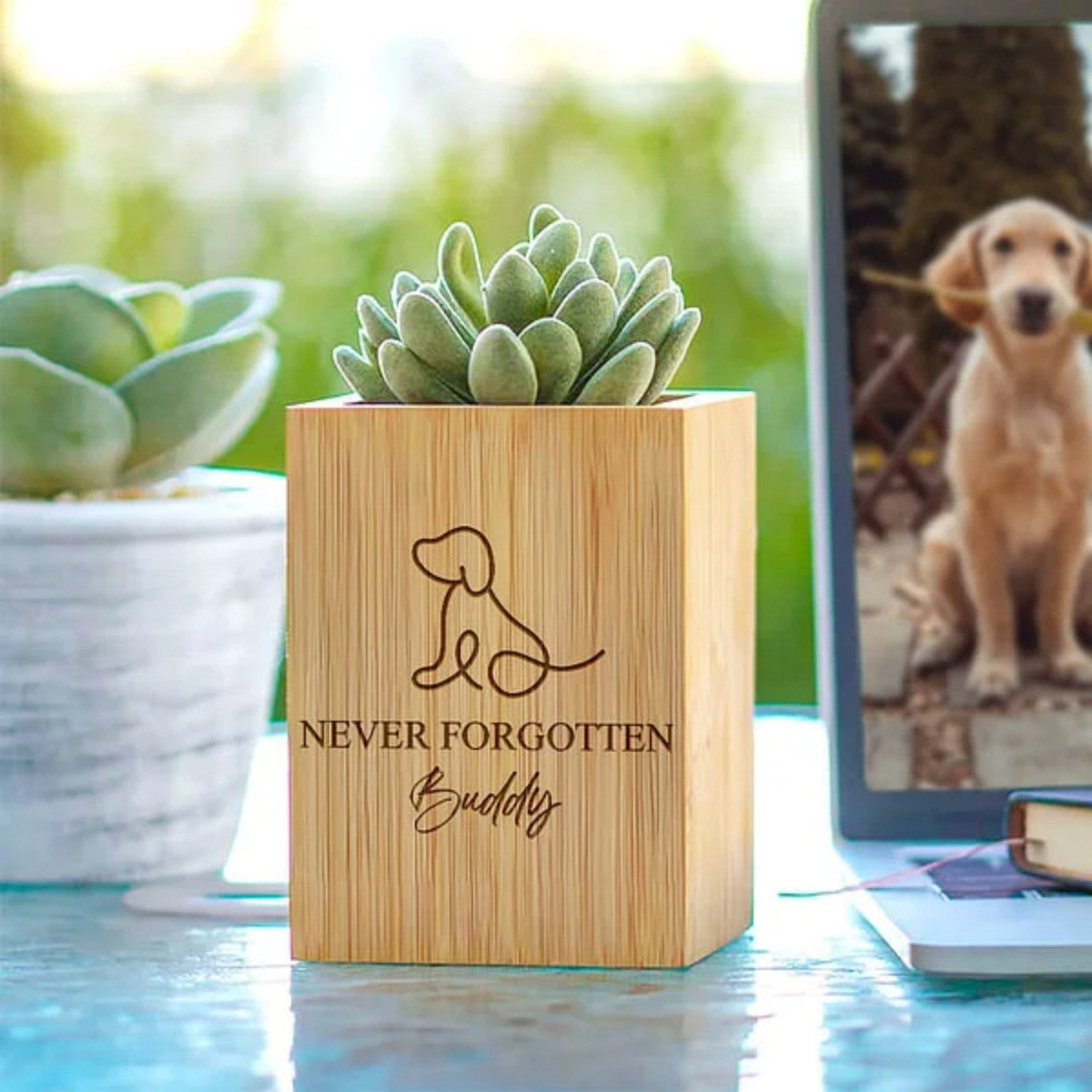 Personalised Pet Line Drawing Dog Cat Paw Print Wooden Flower Pot Sympathy Memorial Gift for Loss of Pet