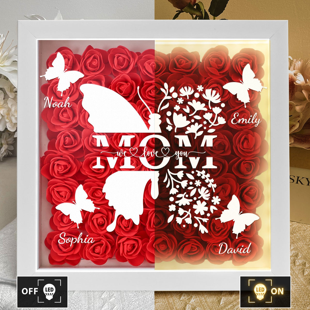 Mom Butterfly Mother's Day Gift - Personalized Flower Shadow Box With LED Light