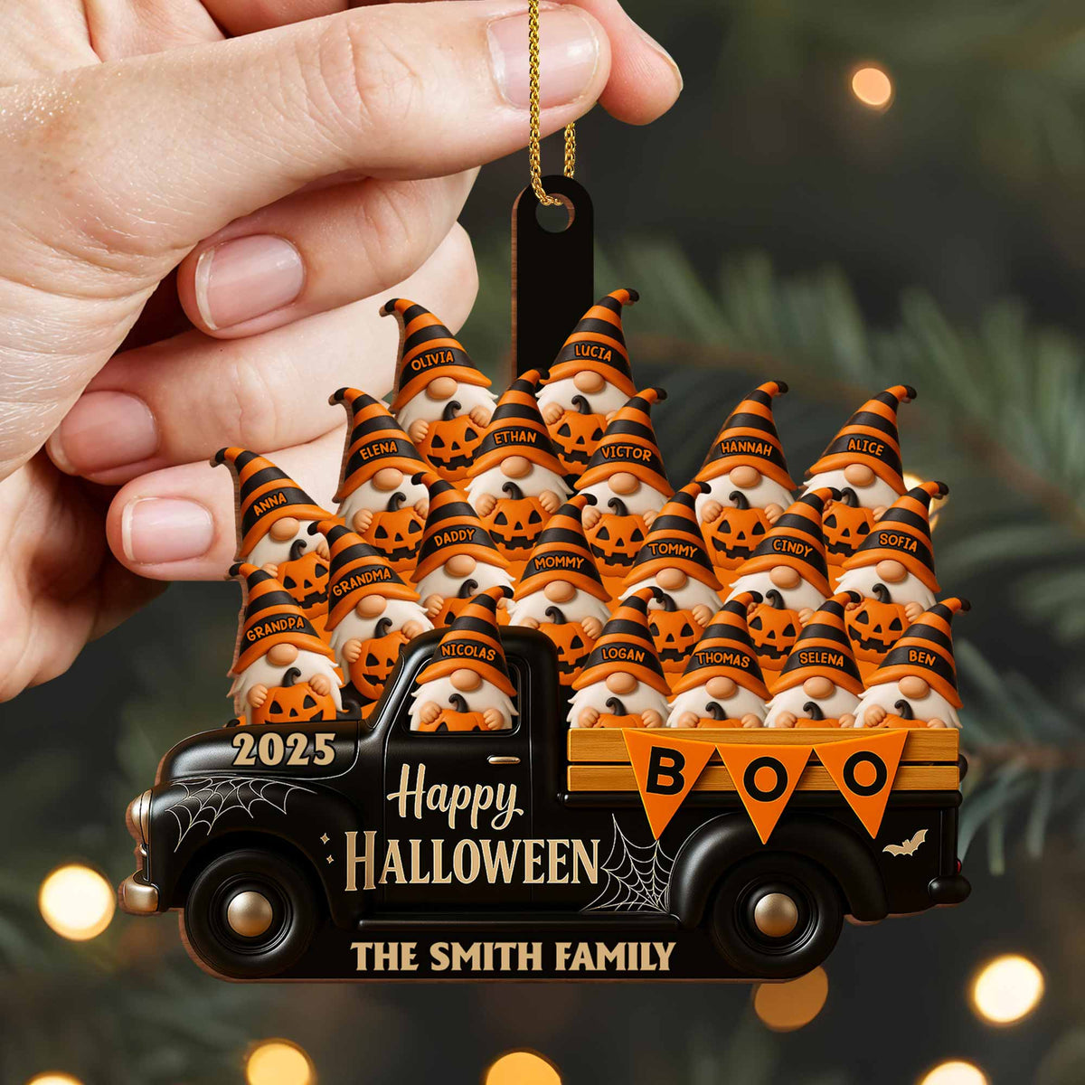 Happy Halloween Family Truck With Pumpkins, Personalized Custom Wood Ornamen