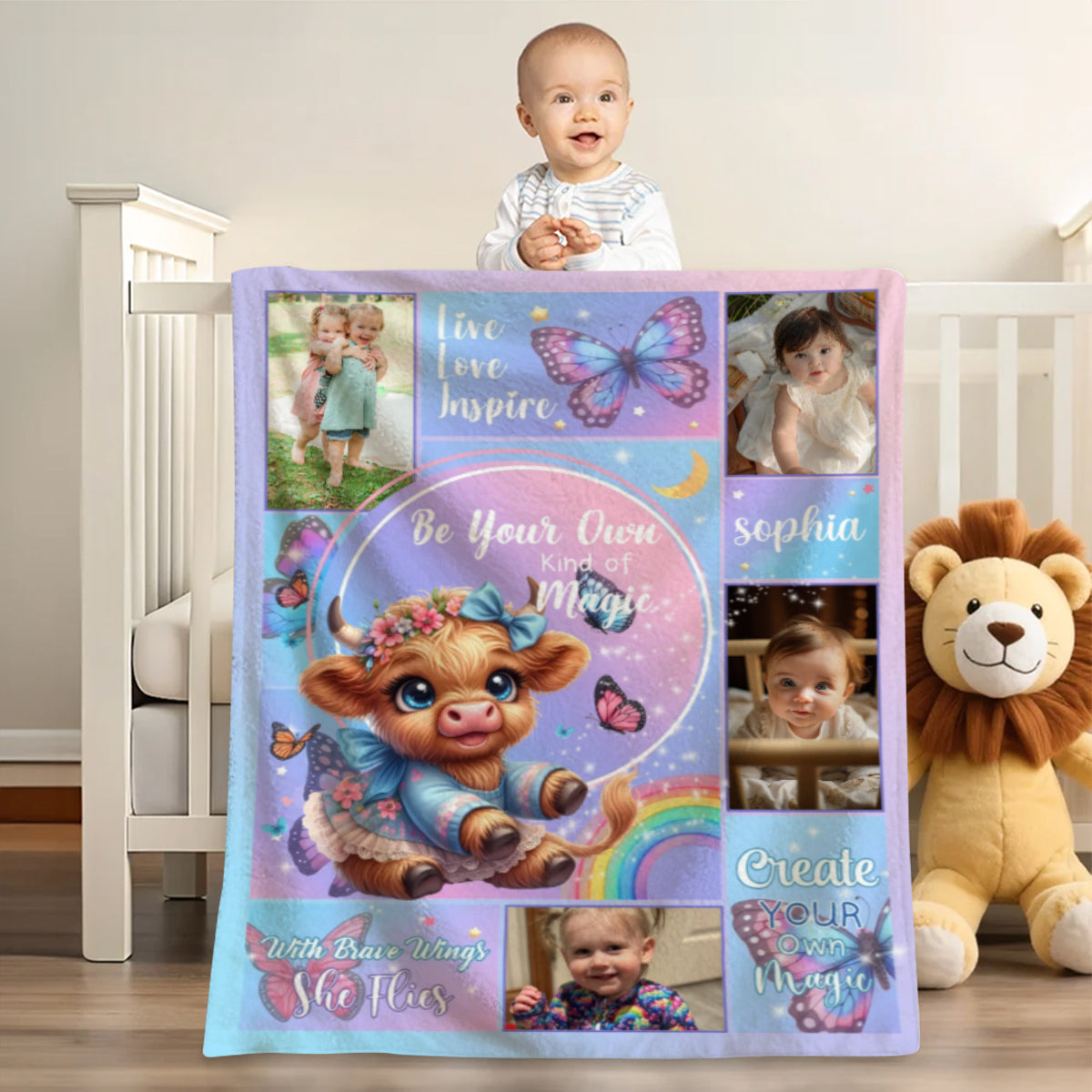 Personalized Floral Highland Cow Butterfly Soft Throw Blanket with Name and Photos