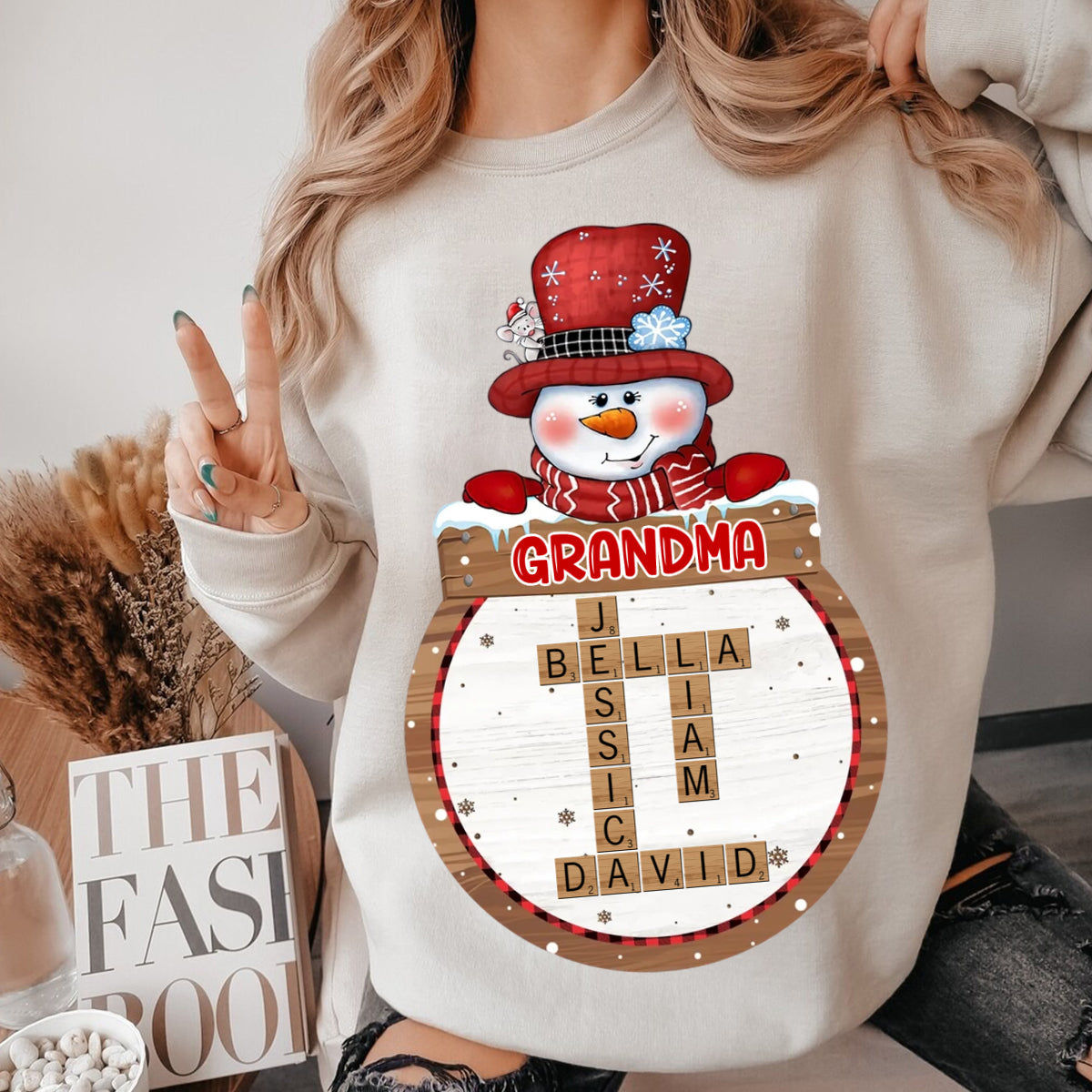 Personalized Snowman Grandma Crossword Art Puzzle With Name Kids Christmas Sweatshirt