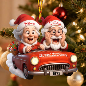 Growing Old Together With Santa Claus In Vintage Car,Custom Acrylic Ornament,Gift For Couples And Grandparents