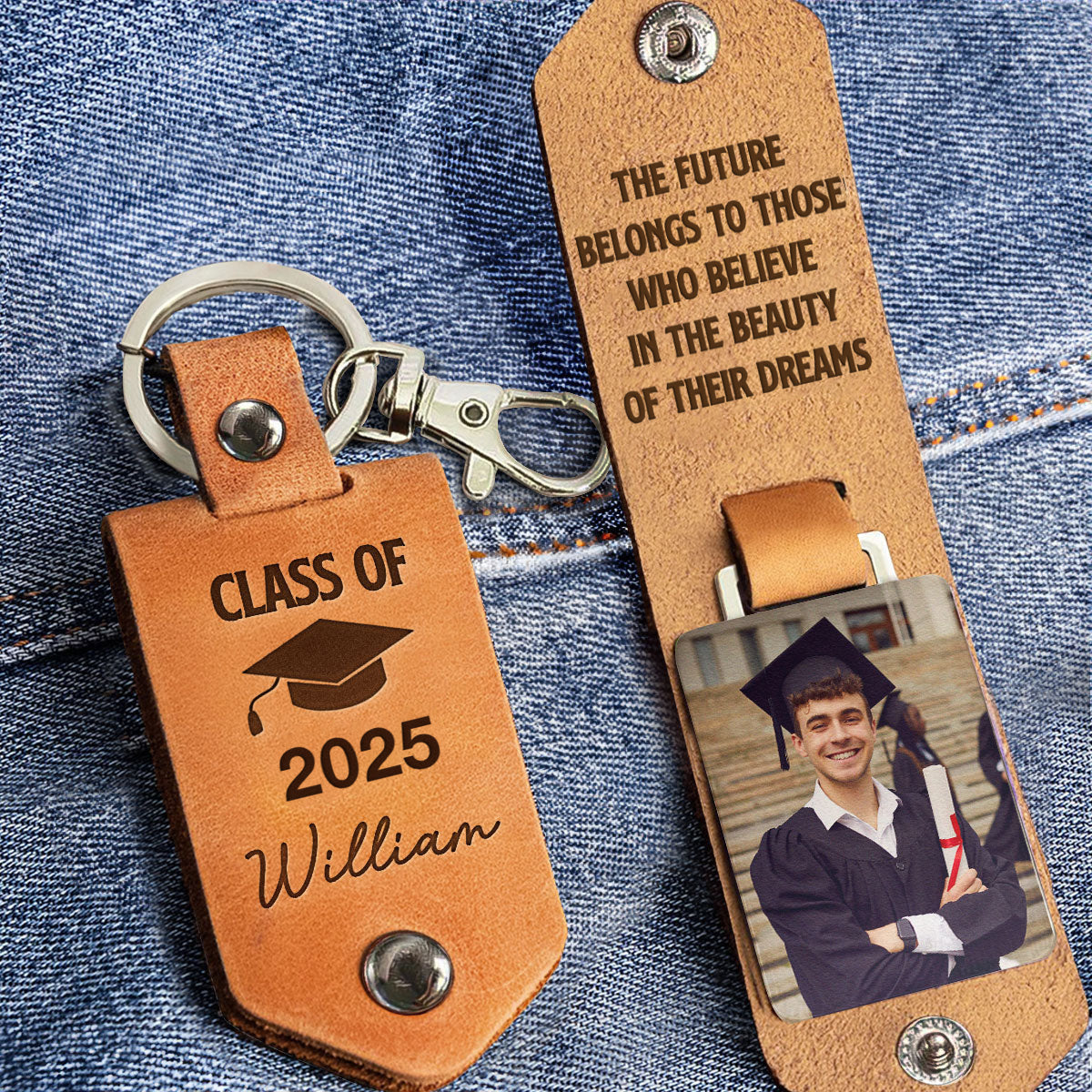 Let The Journey Begin Graduation Gift - Personalized Leather Photo Keychain