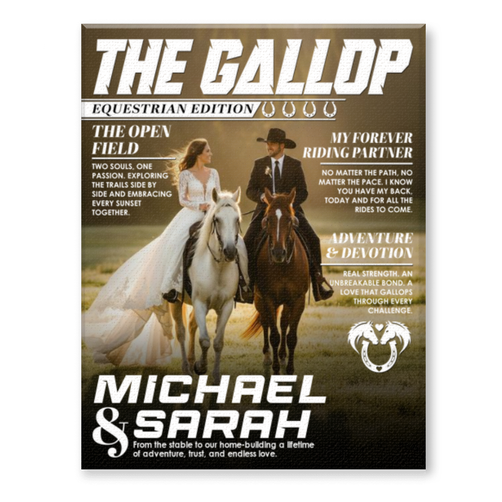 Horse Lover Couple Gift, Personalized Horse Magazine Cover Canvas, Custom Equestrian Anniversary Photo Canvas