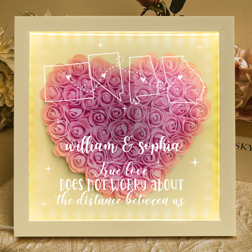 Long Distance Relationship For Couples - Personalized Flower Shadow Box With LED Light