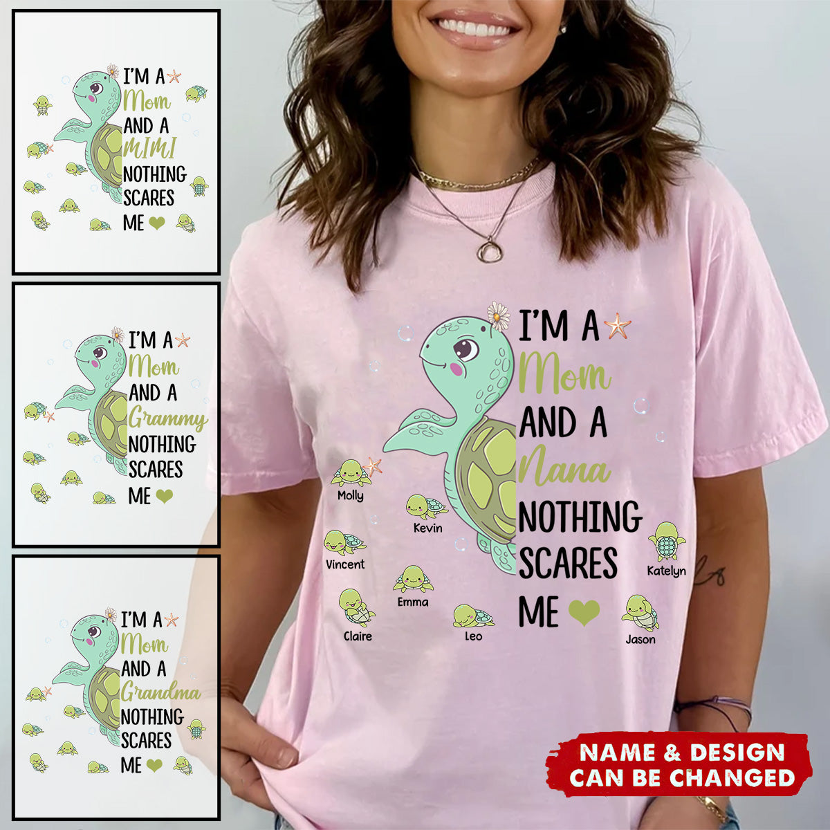 Personalized Turtle with kids Pure Cotton T-Shirt Gift For Mom, Grandma