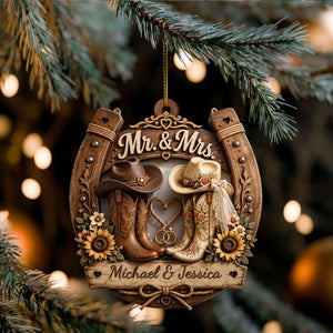 Mr. & Mrs. Personalized Wooden Ornament, Custom Gift For Couples and Cowboys