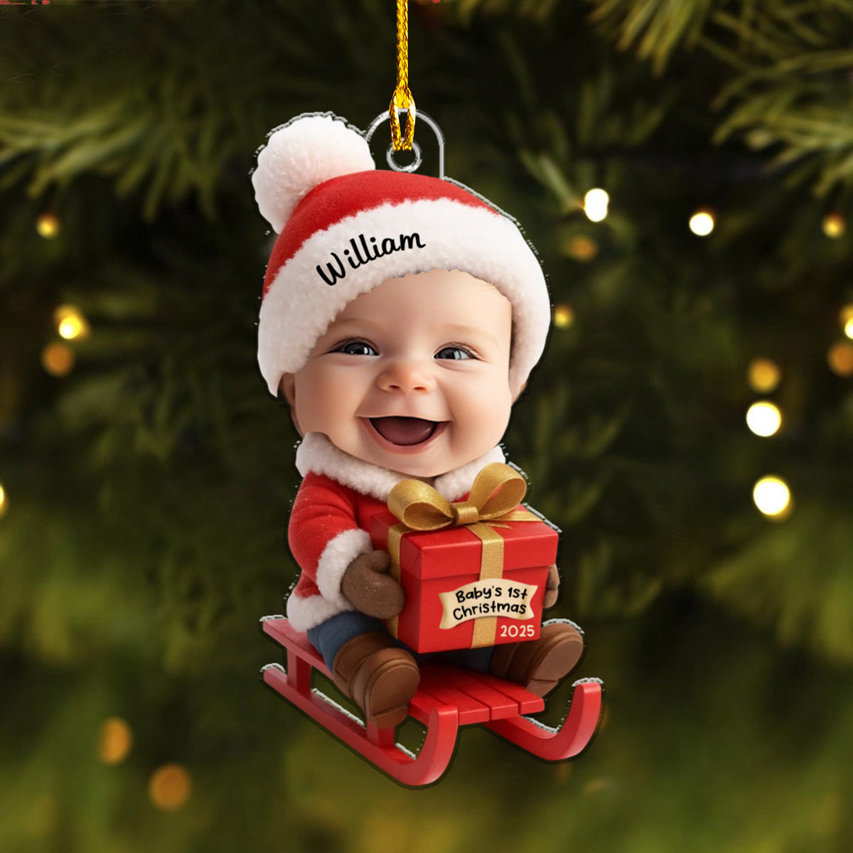 Baby Festive Cheer on a Sled Personalized Acrylic Christmas Ornament, 2025 Keepsake for Newborn