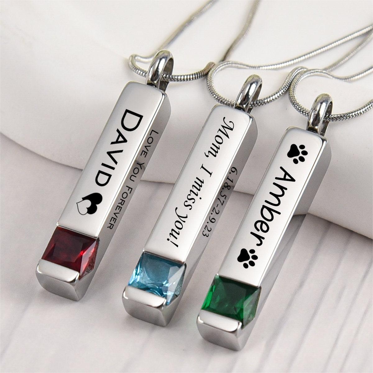 Personalized Birthstone Memorial Urn Necklace Two Sides Text