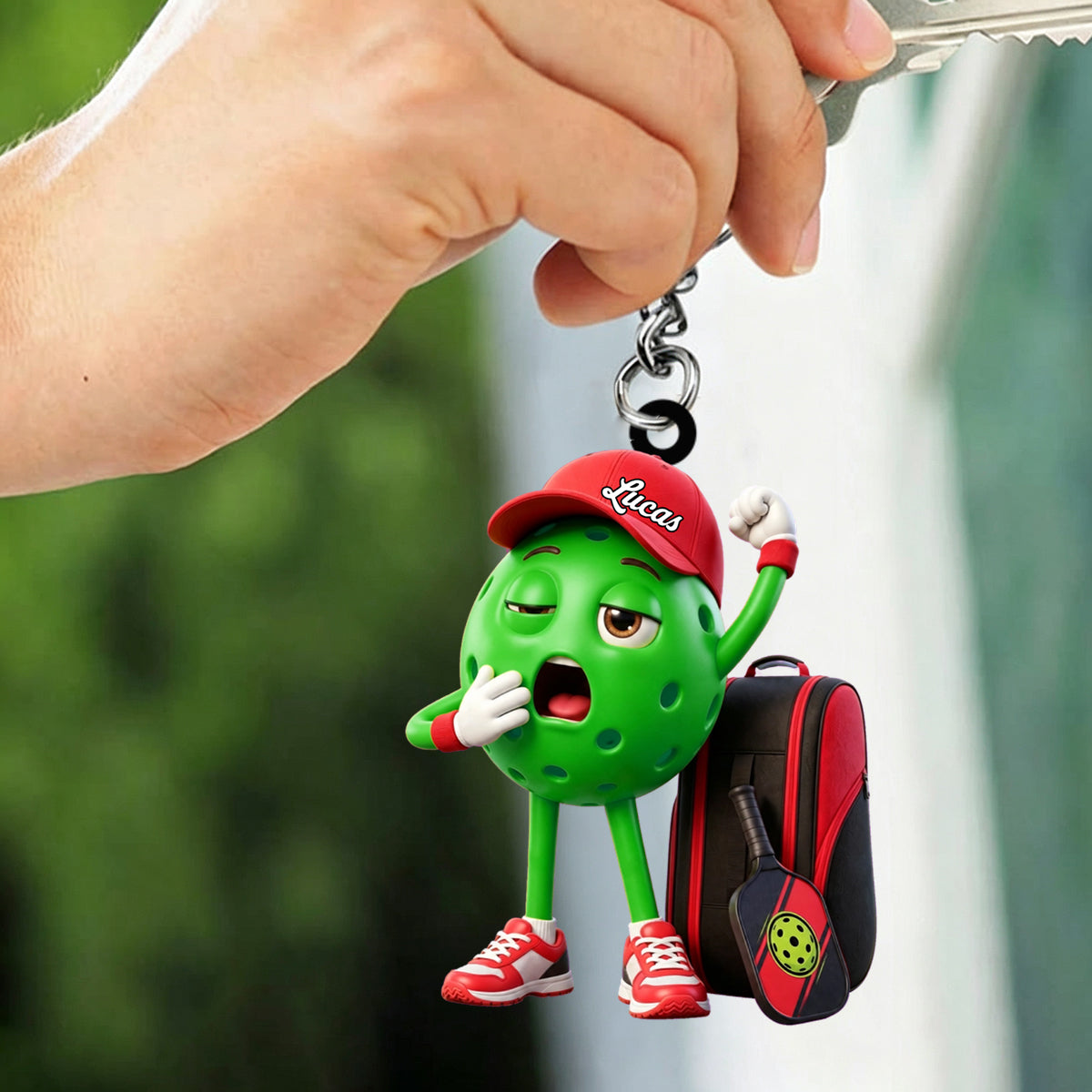Yawning Pickleball Mascot With Sports Bag Keychain - Personalized Gift for Male & Female Player