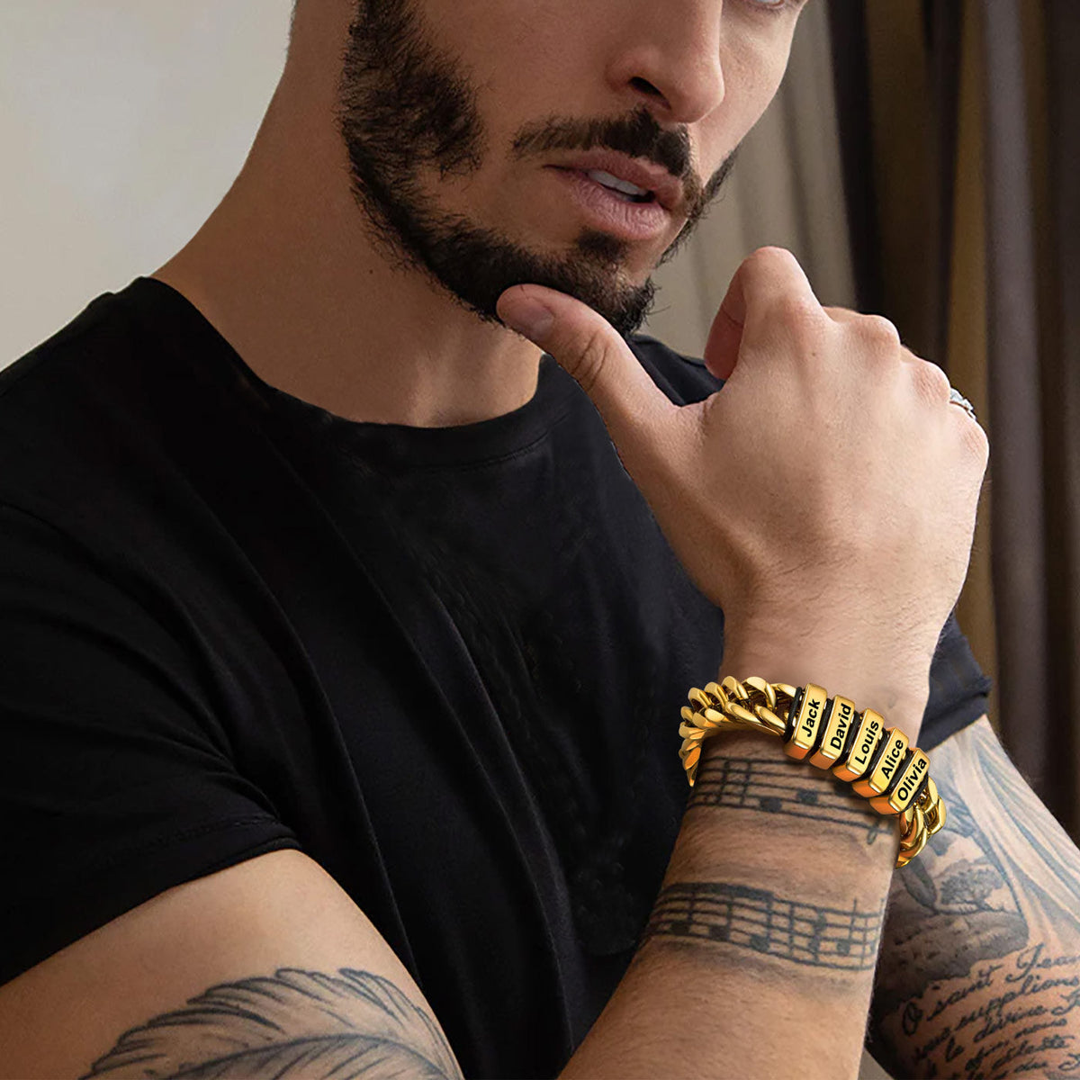 Personalized Cuban Chain Name Beads Bracelet Gift For Dad, Son, Husband